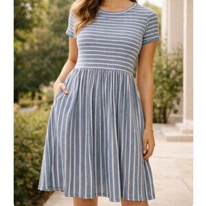 LOFT Size S Blue White Striped Knit Fit & Flare Mini Dress Pockets